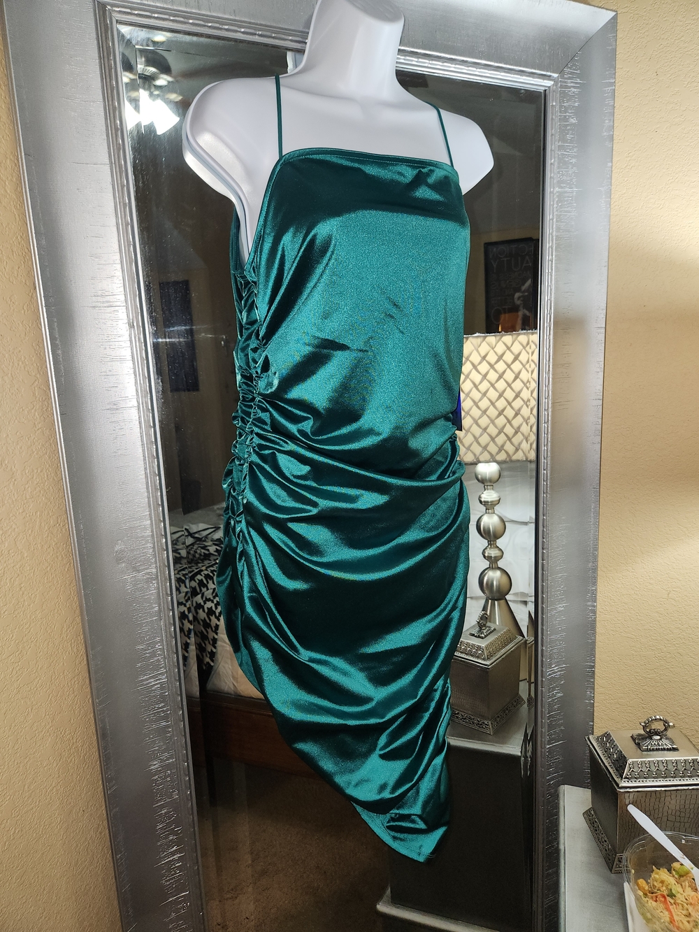 Justice Emerald Satin Asymmetrical Ruched Slip Dress